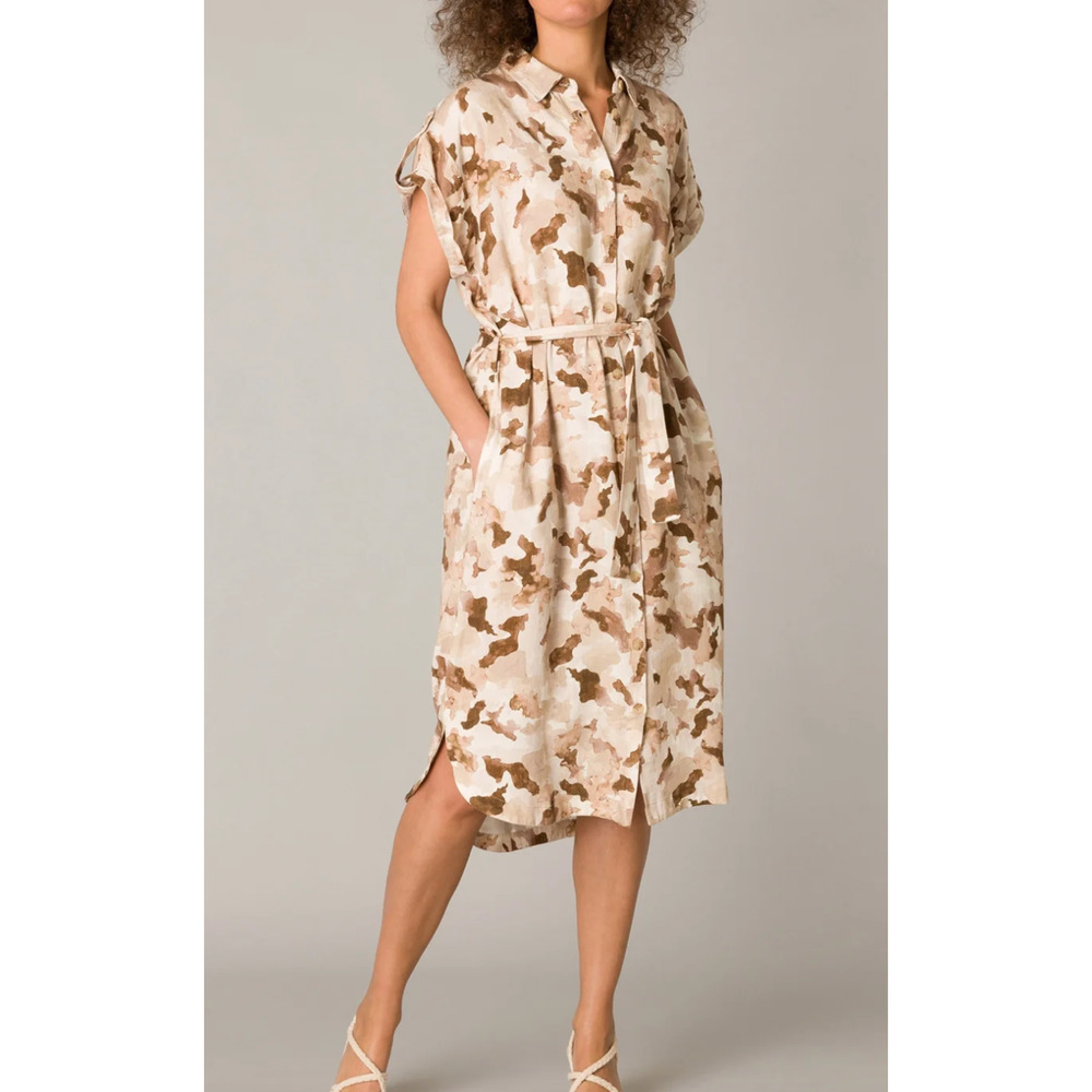 Yest Short Sleeves Manar Shirt Midi Dress with Belt size 12 Sand Multi